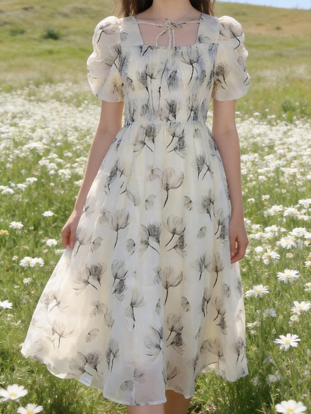 #87550 Ink-wash floral puff sleeve midi dres
